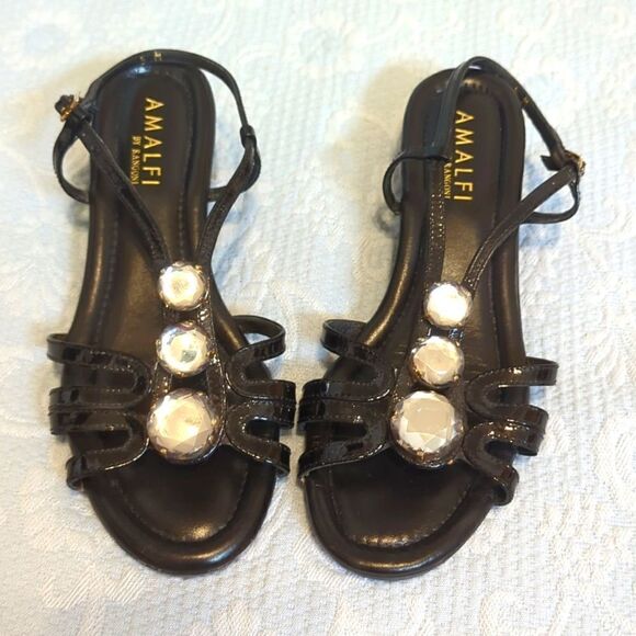Amalfi Black Patent Leather Sandal with Three Graduated Rhinestones Size 5 - Picture 1 of 6